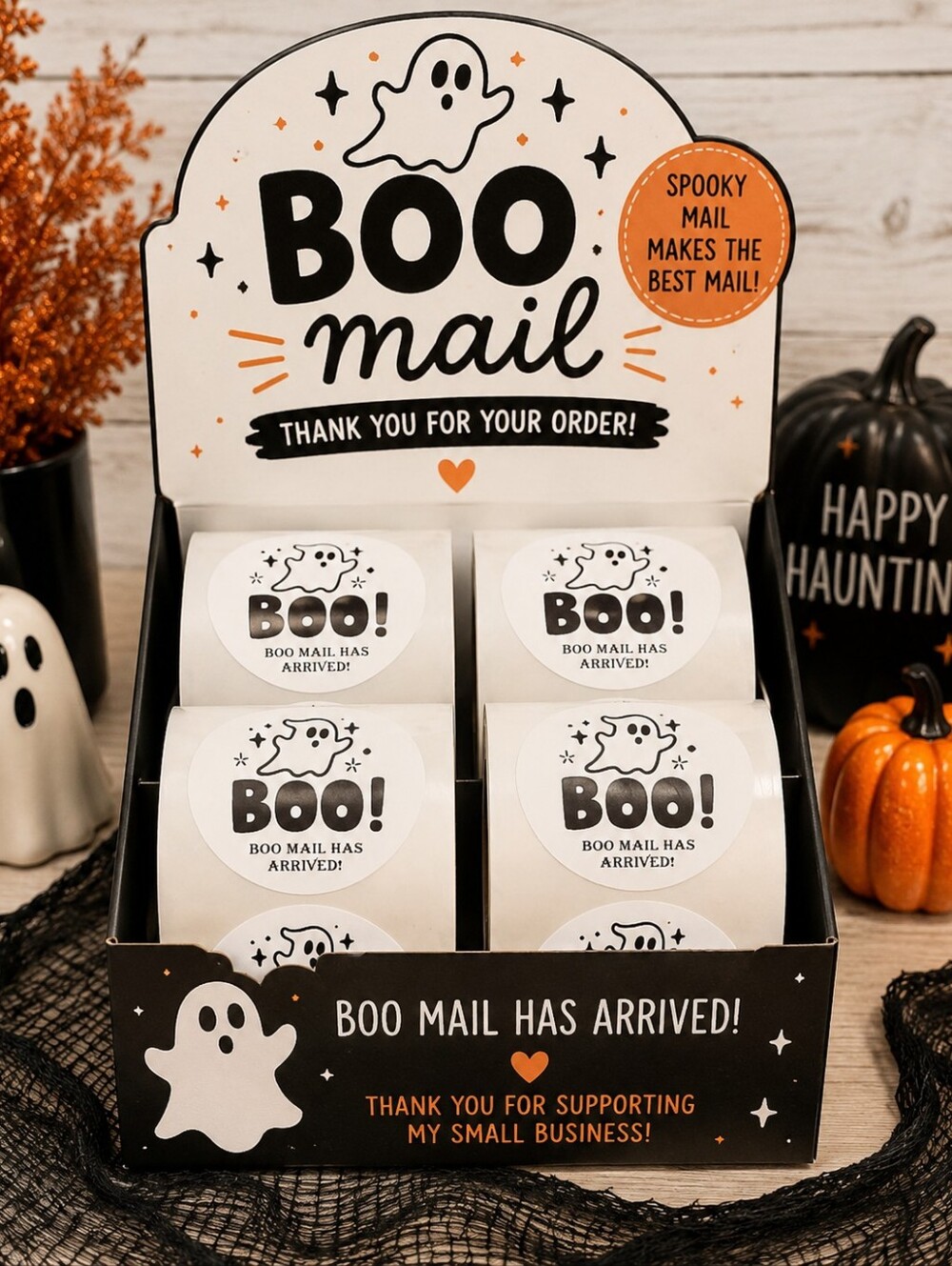 Halloween 'BOO! Boo Mail Has Arrived' Round 3in Stickers 50ct - White & Black